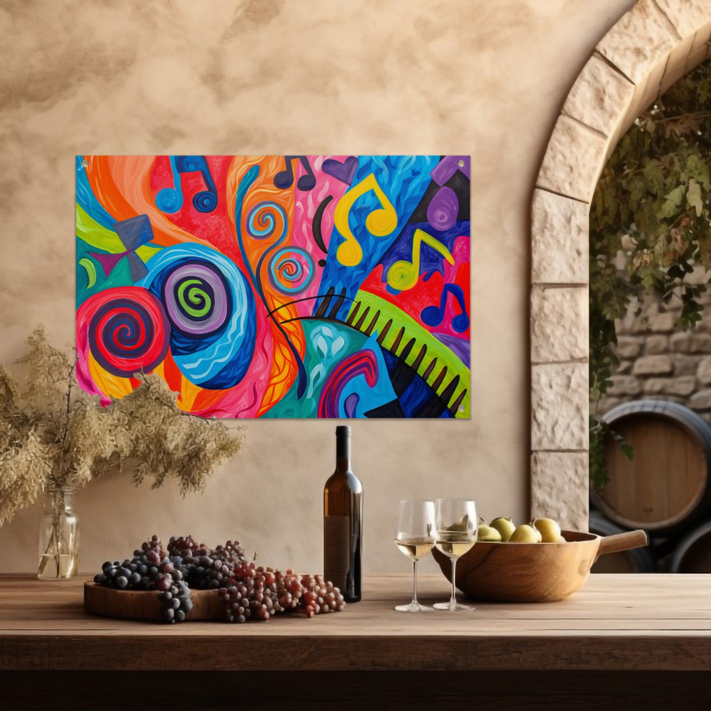 Kleurrijke abstracte kunst met muzieknoten tuinposter