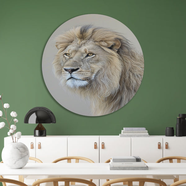 Realistisch portret van een majestueuze leeuw aluminium muurcirkel