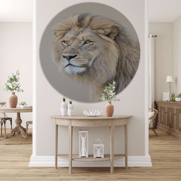 Realistisch portret van een majestueuze leeuw aluminium muurcirkel
