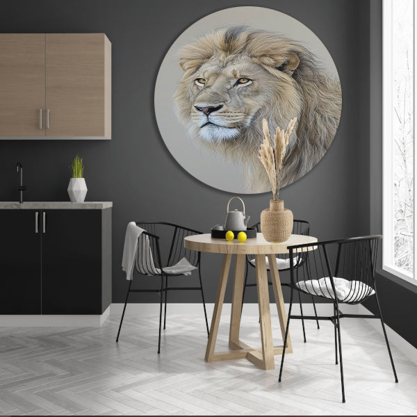 Realistisch portret van een majestueuze leeuw aluminium muurcirkel