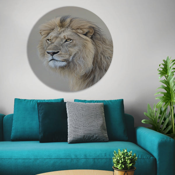 Realistisch portret van een majestueuze leeuw aluminium muurcirkel
