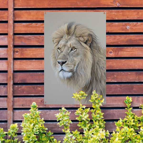 Realistisch portret van een majestueuze leeuw tuinposter
