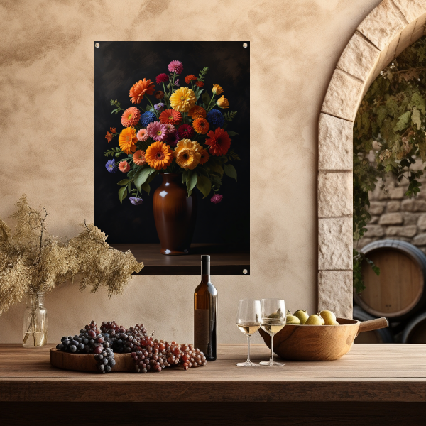 Kleurrijke Bloemenpracht in Donkere Vaas tuinposter