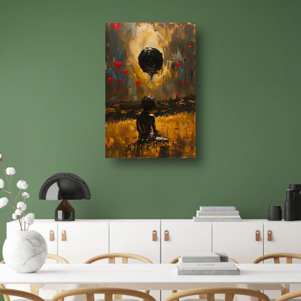 Eenzame figuur met zwevende harten poster