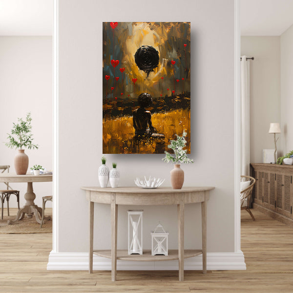 Eenzame figuur met zwevende harten poster