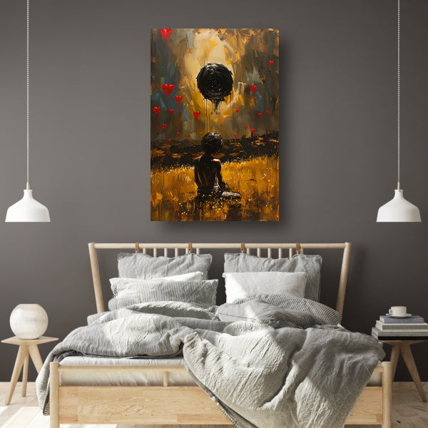 Eenzame figuur met zwevende harten poster