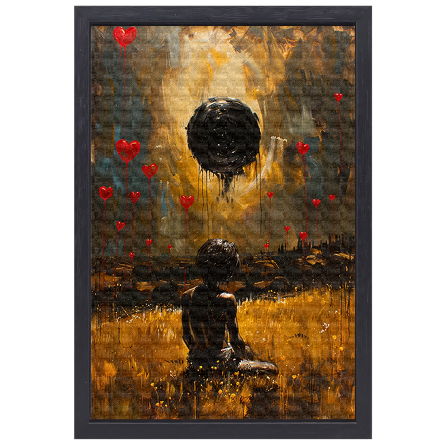 Eenzame figuur met zwevende harten canvas met baklijst