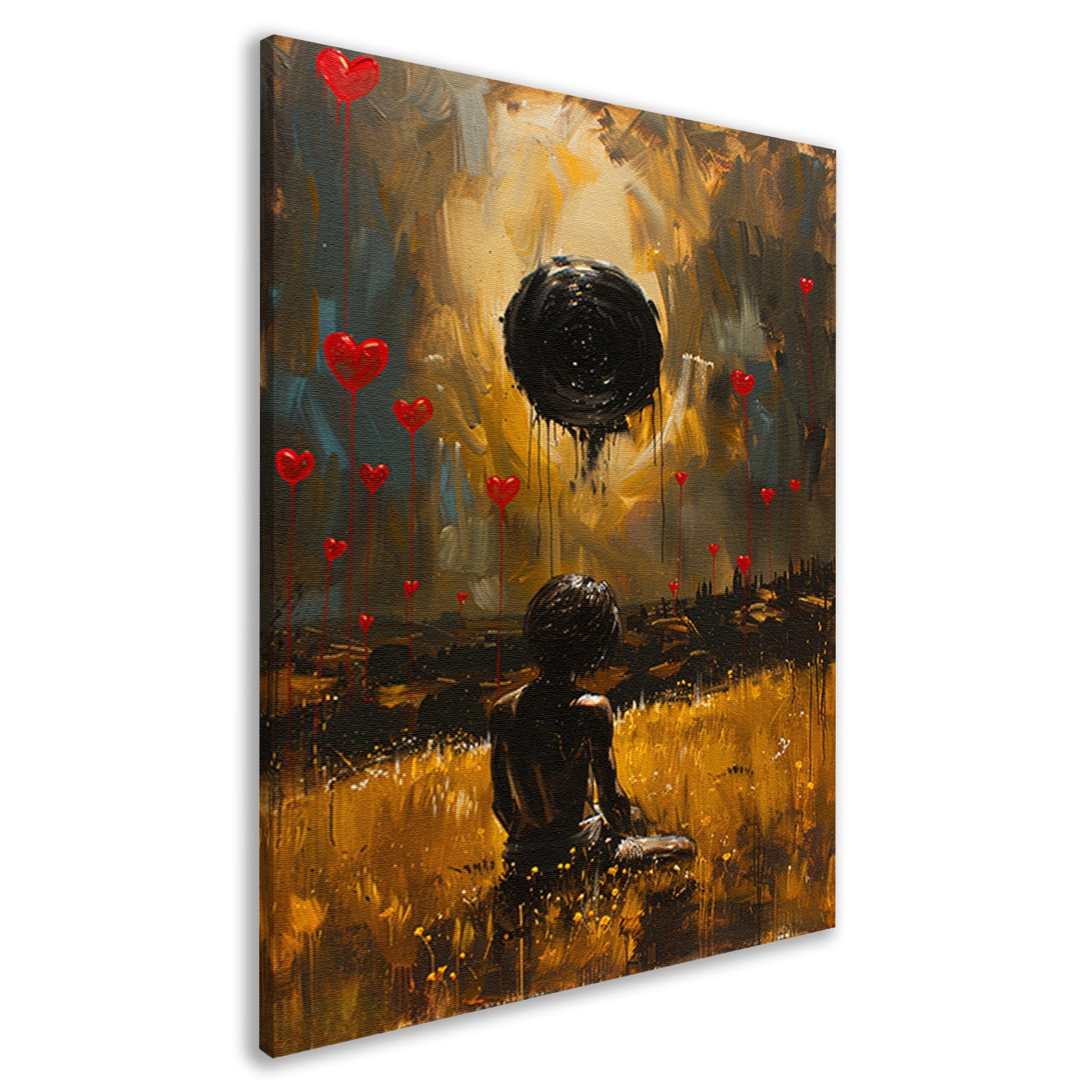 Eenzame figuur met zwevende harten canvas