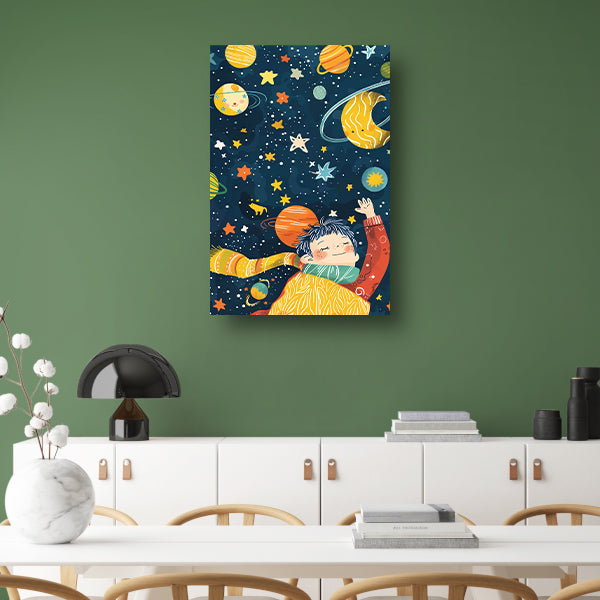 Dromerige jongen in kleurrijke kosmos acrylglas