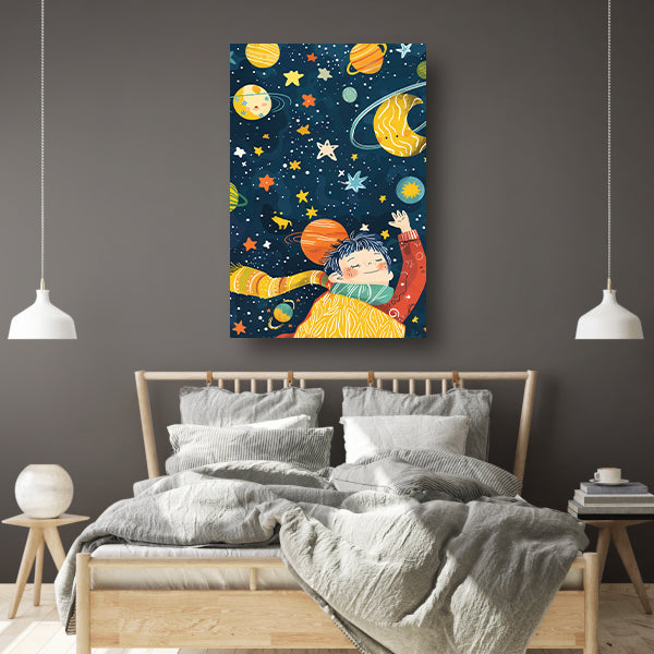 Dromerige jongen in kleurrijke kosmos acrylglas