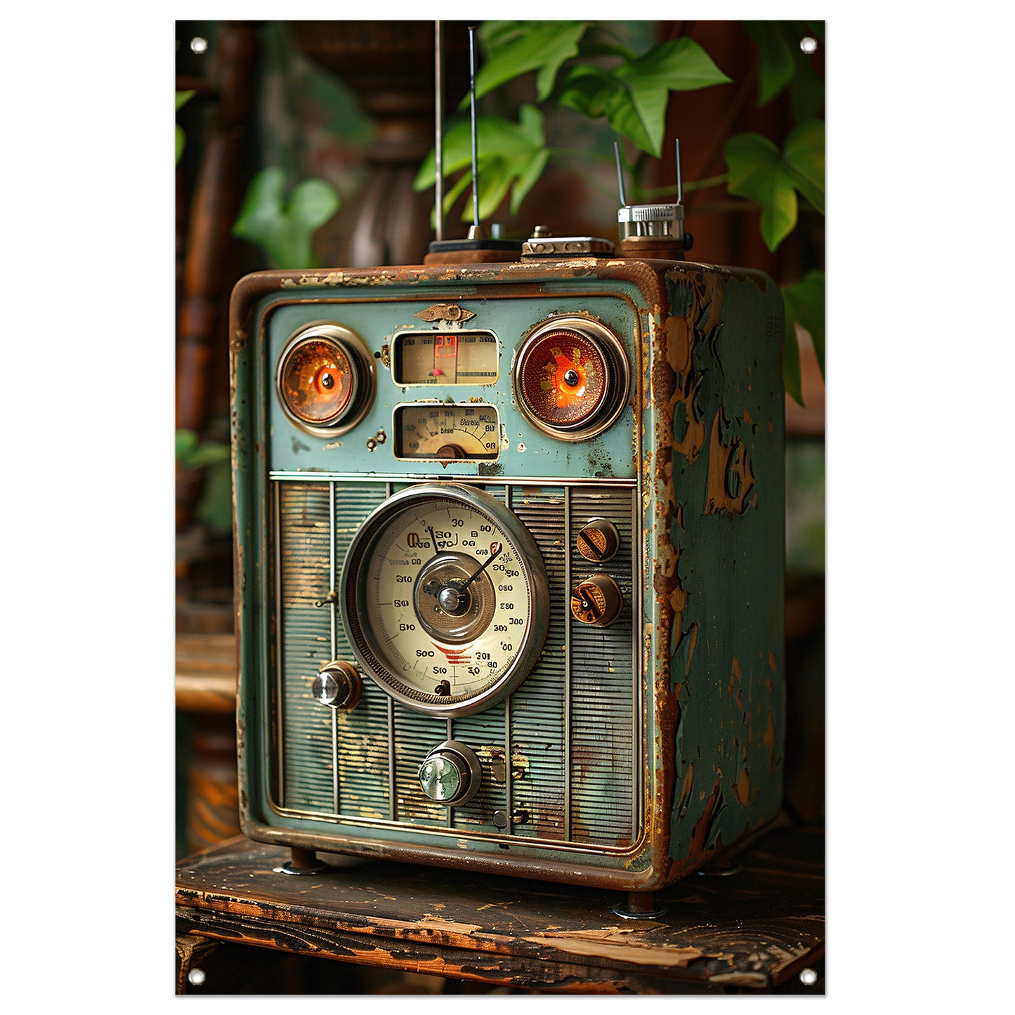 Retro Radio in Vergane Glorie met Plant tuinposter