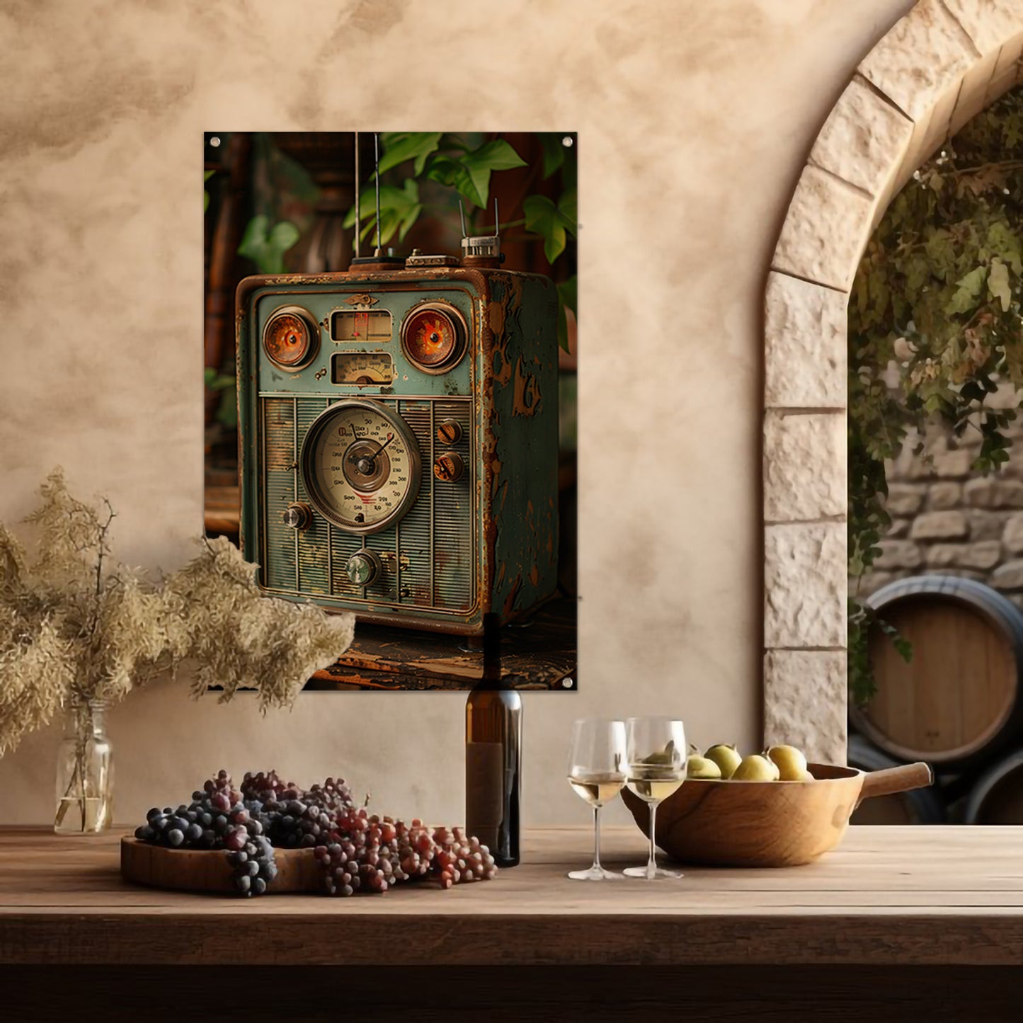 Retro Radio in Vergane Glorie met Plant tuinposter