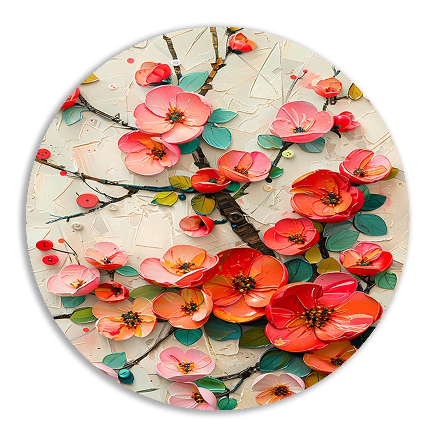 Vrolijke kleurrijke bloemen en takken kunstwerk aluminium muurcirkel