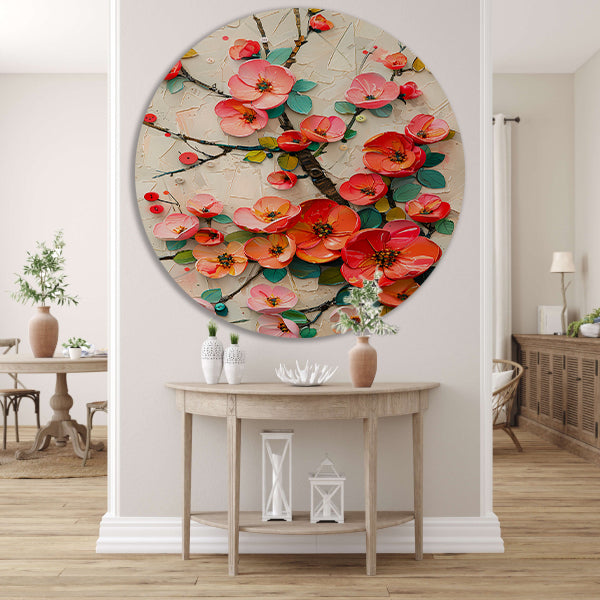 Vrolijke kleurrijke bloemen en takken kunstwerk aluminium muurcirkel
