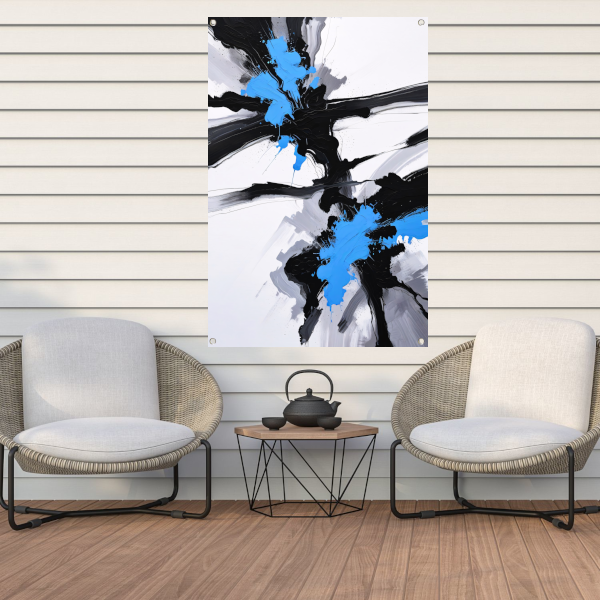 Energetische abstractie van blauw, zwart en wit tuinposter