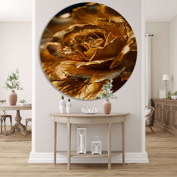 Gouden roos met delicaat licht en schaduwspel aluminium muurcirkel