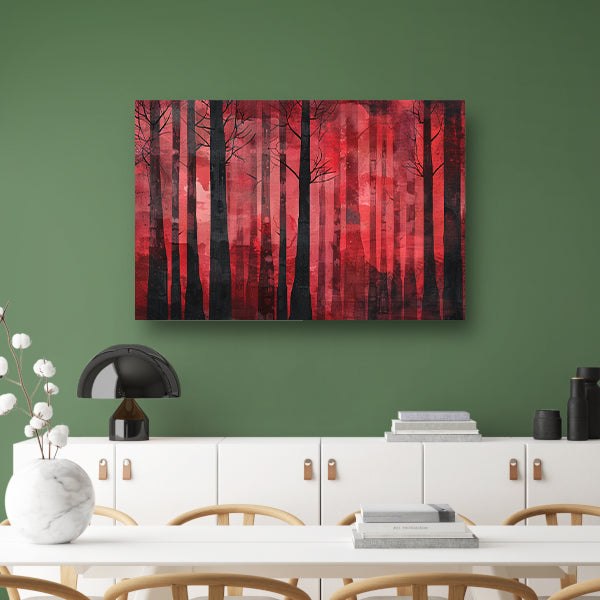 Mysterieus rood bos met zwarte bomen canvas