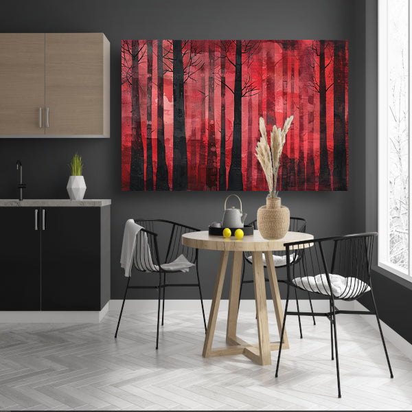 Mysterieus rood bos met zwarte bomen canvas