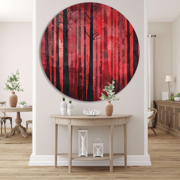 Mysterieus rood bos met zwarte bomen aluminium muurcirkel