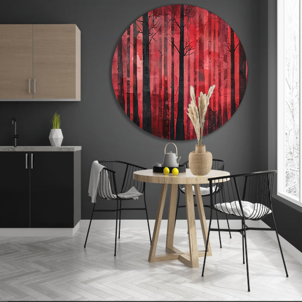 Mysterieus rood bos met zwarte bomen aluminium muurcirkel