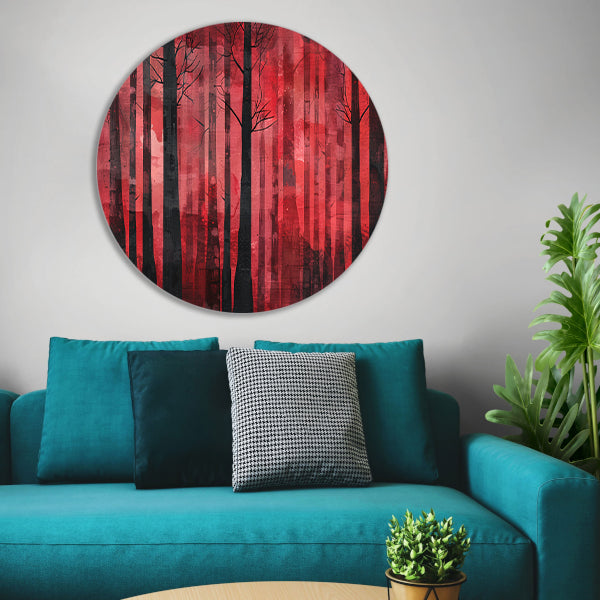 Mysterieus rood bos met zwarte bomen aluminium muurcirkel