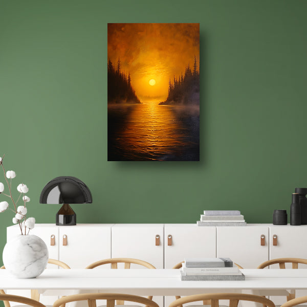 Zonsondergang boven kalm meer met bomen canvas