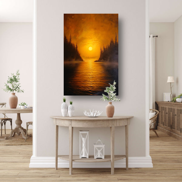 Zonsondergang boven kalm meer met bomen canvas