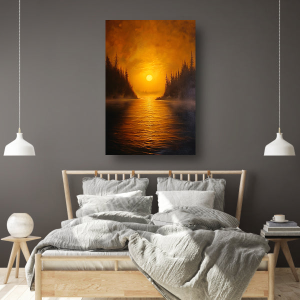 Zonsondergang boven kalm meer met bomen canvas
