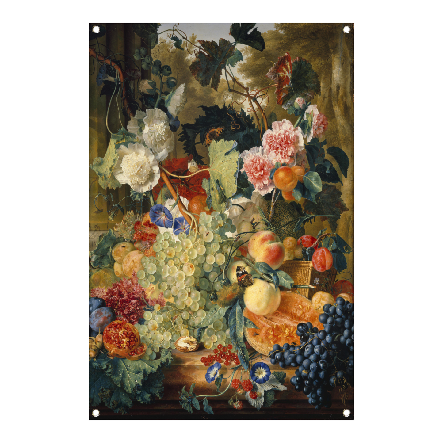 Stilleven van bloemen en fruit op een marmeren plaat - Jan van Huysum tuinposter