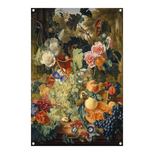 Stilleven van bloemen en fruit op een marmeren plaat - Jan van Huysum tuinposter