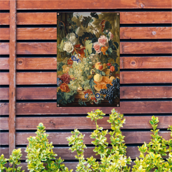 Stilleven van bloemen en fruit op een marmeren plaat - Jan van Huysum tuinposter