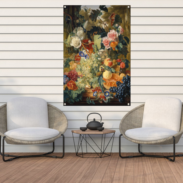 Stilleven van bloemen en fruit op een marmeren plaat - Jan van Huysum tuinposter