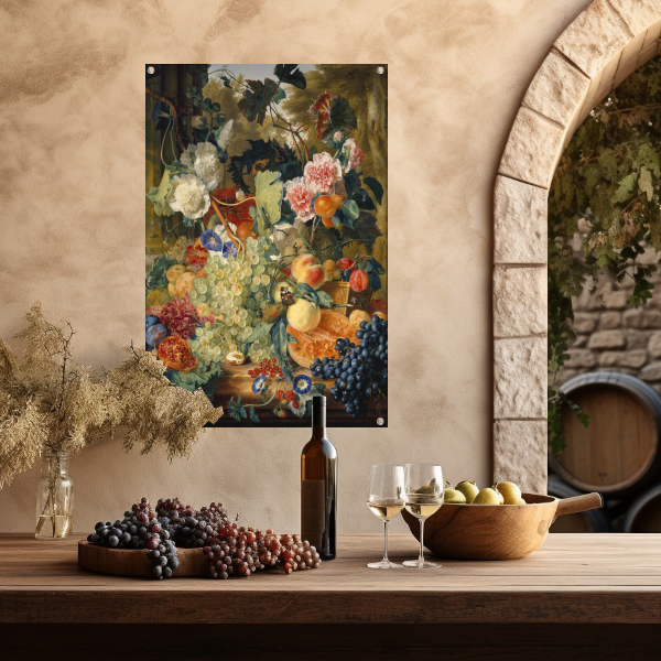 Stilleven van bloemen en fruit op een marmeren plaat - Jan van Huysum tuinposter