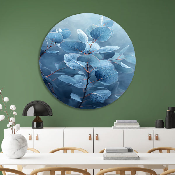 Elegante blauwe eucalyptus bladeren in minimalistische stijl forex muurcirkel