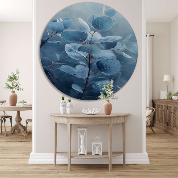 Elegante blauwe eucalyptus bladeren in minimalistische stijl forex muurcirkel