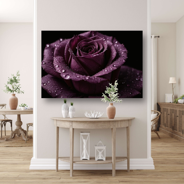Paarse roos close-up met waterdruppels canvas met baklijst