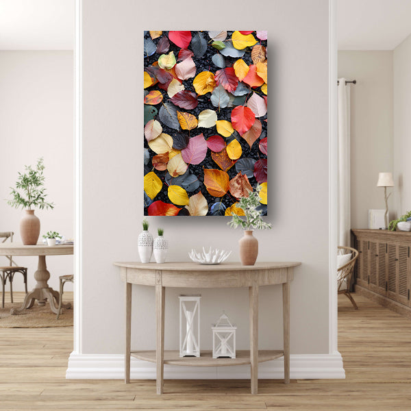 Kleurrijk herfstbladeren op donkere straat canvas met baklijst