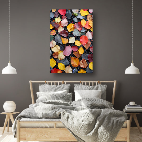 Kleurrijk herfstbladeren op donkere straat canvas met baklijst