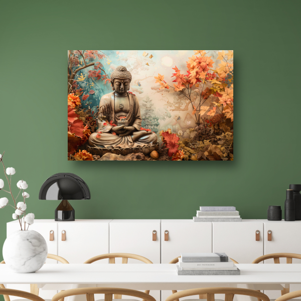Mediterende Boeddha tussen herfstbladeren canvas