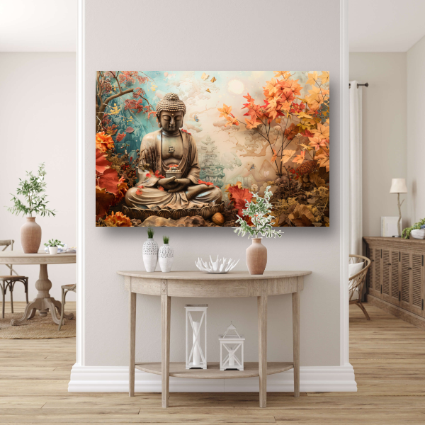 Mediterende Boeddha tussen herfstbladeren canvas