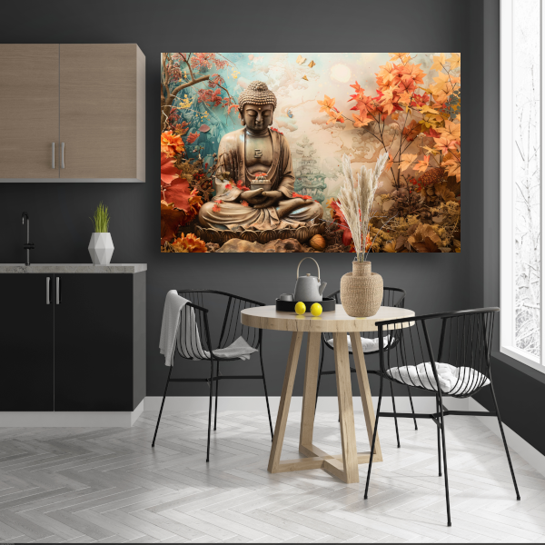 Mediterende Boeddha tussen herfstbladeren canvas