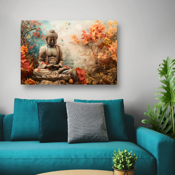 Mediterende Boeddha tussen herfstbladeren canvas