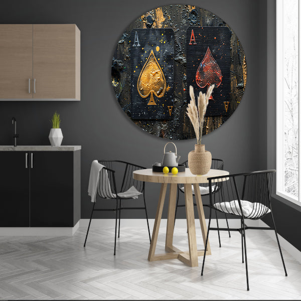 Minimalistisch Speelkaarten in Goud en Rood aluminium muurcirkel
