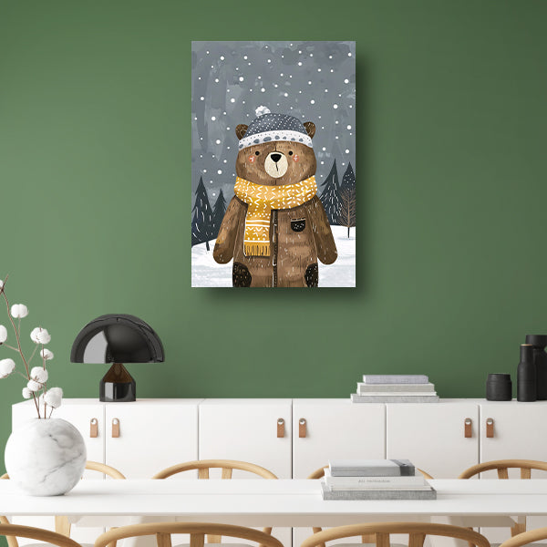 Beer met warme jas in sneeuwlandschap canvas