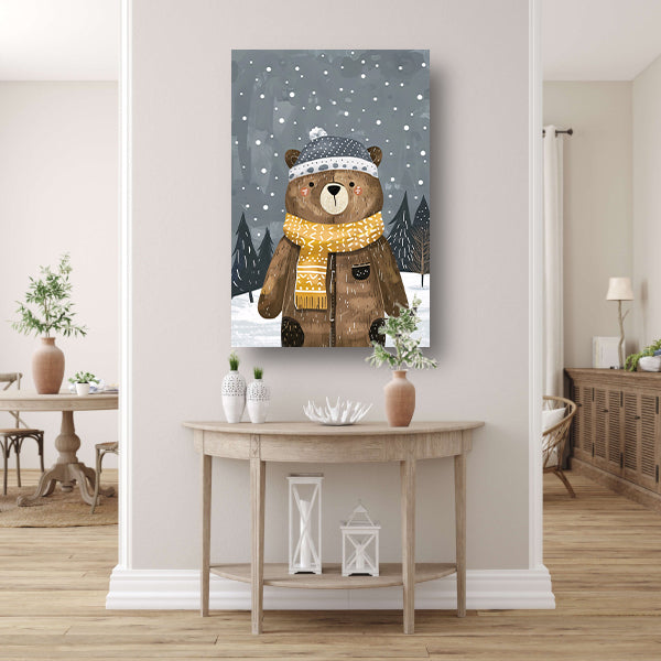 Beer met warme jas in sneeuwlandschap canvas