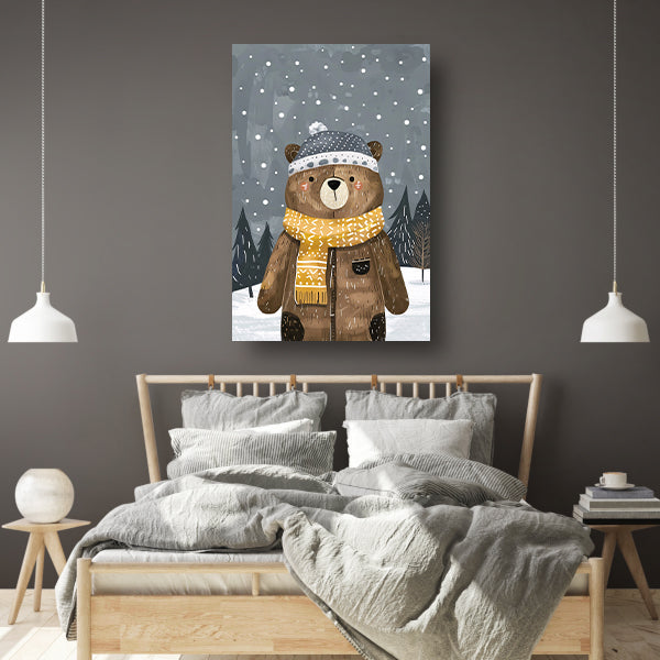 Beer met warme jas in sneeuwlandschap canvas