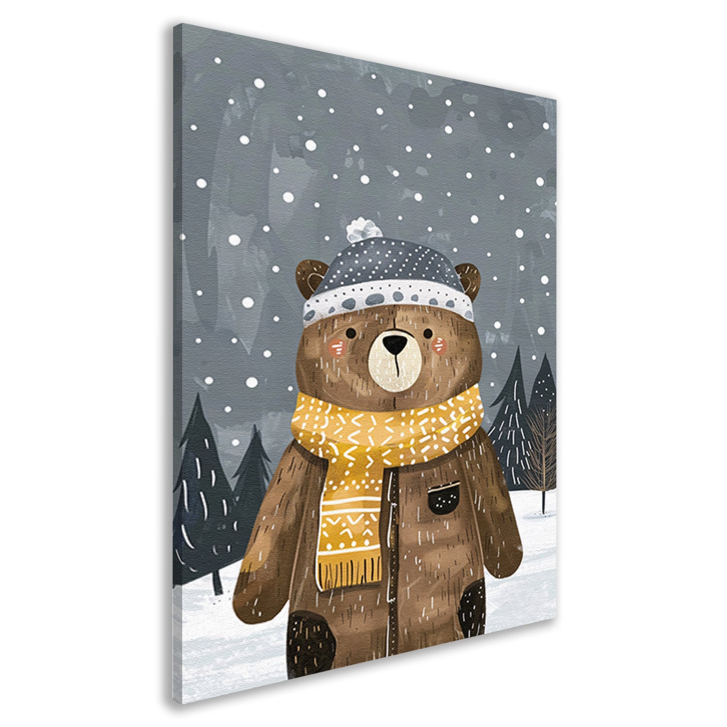 Beer met warme jas in sneeuwlandschap canvas