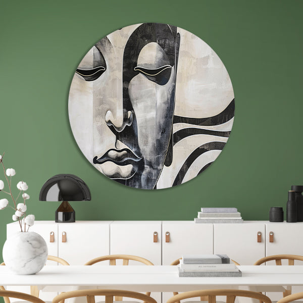 Surrealistisch boeddha schilderij in zwart-wit forex muurcirkel
