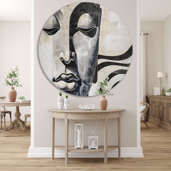 Surrealistisch boeddha schilderij in zwart-wit forex muurcirkel