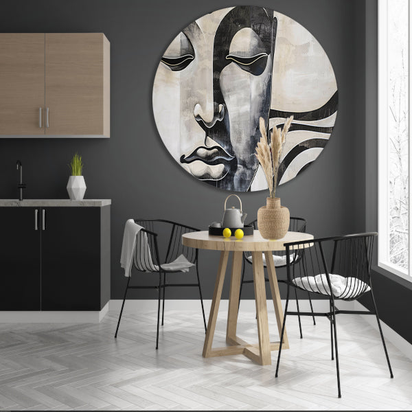 Surrealistisch boeddha schilderij in zwart-wit aluminium muurcirkel